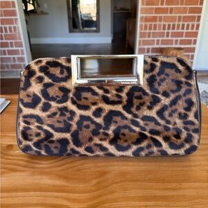 Michael Kors Leopard Calf Hair Clutch in Brown and Black with Gold Trim